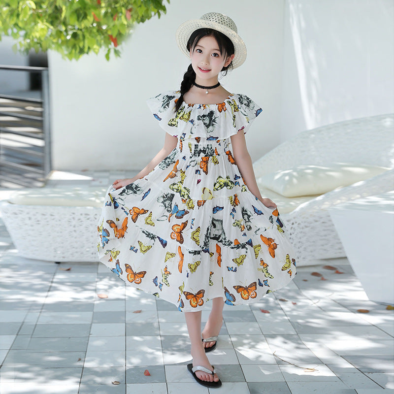 Girls' Bohemian Floral Butterfly Cotton Maxi Dress
