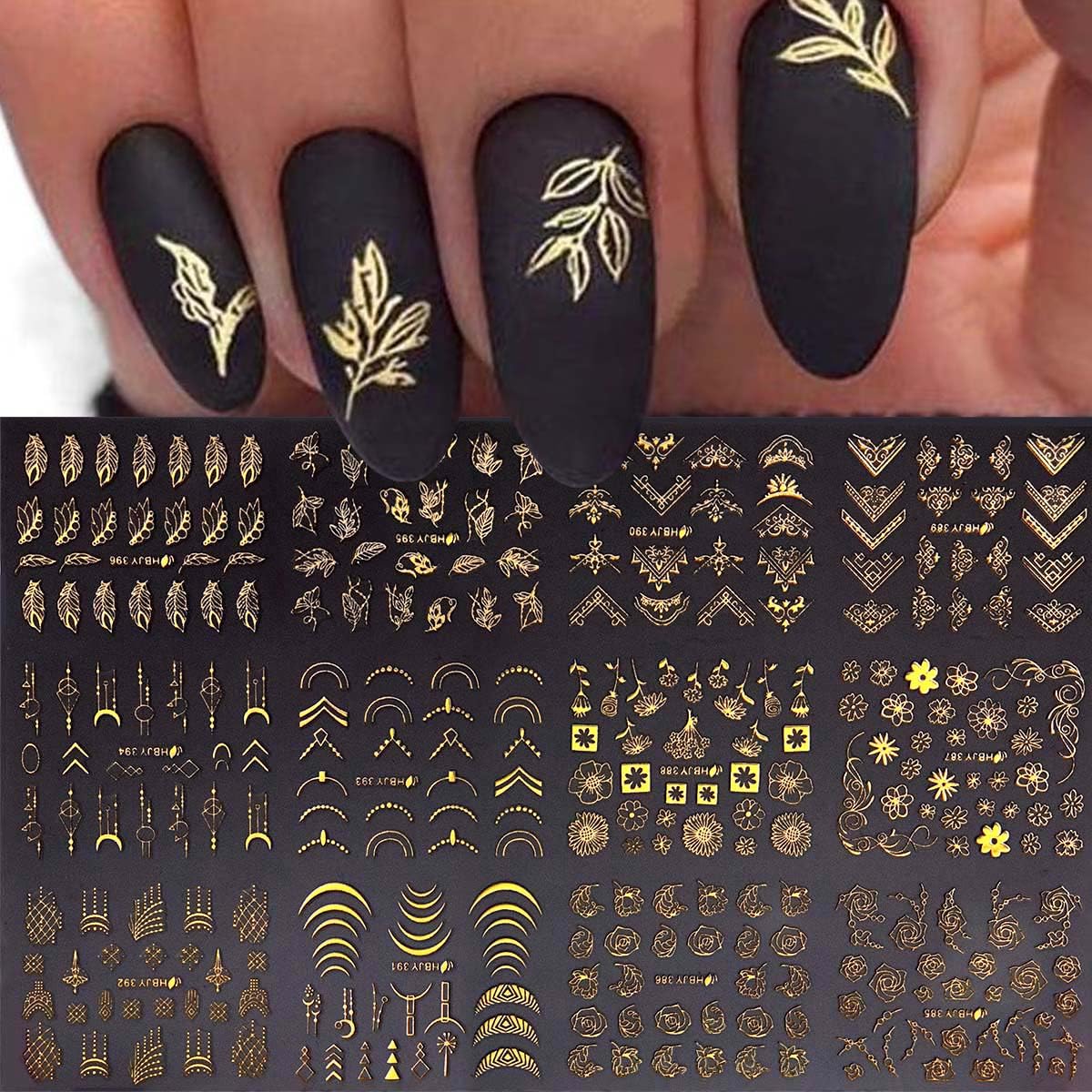 Gold Nail Art Stickers Gold Flowers Nail Decals Golden Leaf Lace Nail Stickers 3D Self-Adhesive Nail Design Stickers Geometry Line Nail Art Stickers for Nail Designs Decoration Accessories for Women