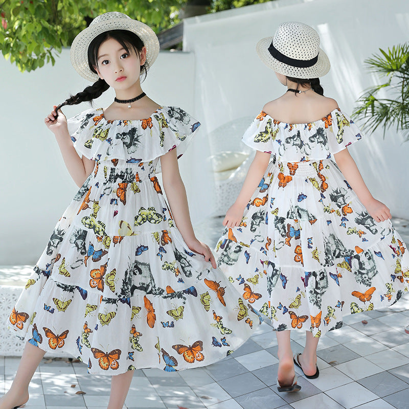 Girls' Bohemian Floral Butterfly Cotton Maxi Dress