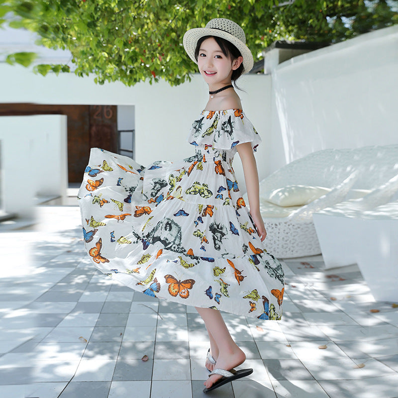 Girls' Bohemian Floral Butterfly Cotton Maxi Dress